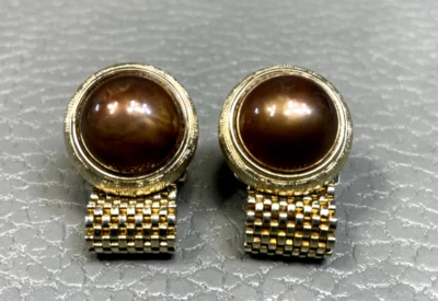 Vintage Brown Lucite Wrap Around Yellow Gold Plated Cuff Links - Image 1 of 3
