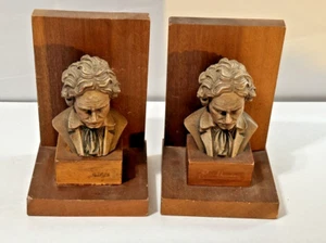 Pair of Toriart Vintage Carved Wood Bust of Beethoven Bookends Italy - Picture 1 of 7