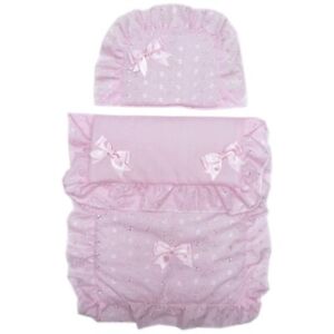 DOLLS QUILT AND PILLOW COT PRAM SET PINK LACE AND BOW DOLLS CRIB BEDDING SETS