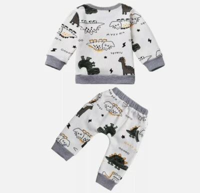 Conjunto de ropa para bebé niño pequeño dinosaurio lindo patrón de dibujos animados estampado top pantalón conjunto Foto 1 de 4