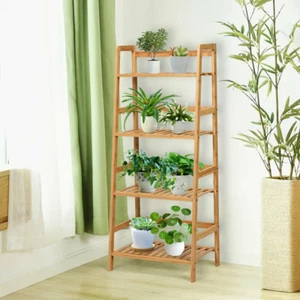 Costway 4-Tier Bamboo Ladder Shelf Plant Display Stand Rack Bookshelf Natural - Picture 1 of 10