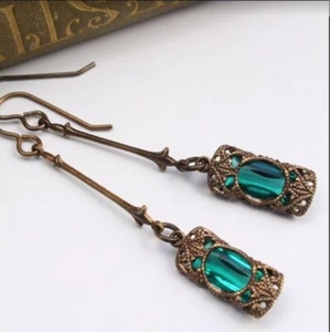 Women Retro Boho Jewelry Indian Earrings Zircon Green Drop Dangle Ear Stud - Picture 1 of 5