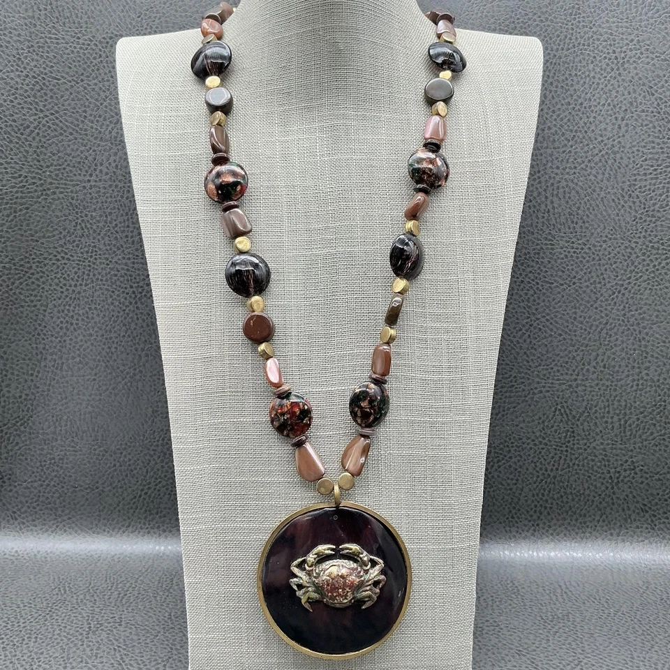 Vintage Artisan Crab Pendant Necklace Mixed Stone Glass Beads Bronze Signed 21 - Image 1 of 4