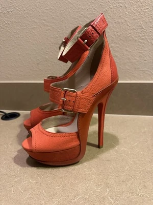 Y2k Jimmy Choo Letitia Orange Nubuck Platform Buckle Peep Toe Heels 36.5 6 - Image 1 of 4