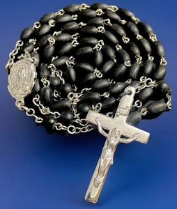Vintage Catholic Matte Black Glass 5 Decade Rosary, Silver Tone Crucifix - Picture 1 of 6