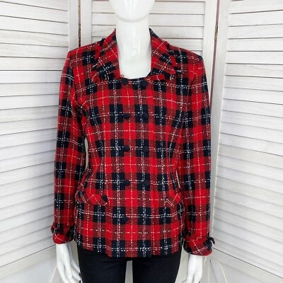 Blazer Karin Stevens vintage para mujer 6 rojo negro tartán a cuadros flecos dobladillo tweed Foto 1 de 4