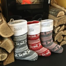 Personalised Luxury Embroidered Nordic Xmas Stocking Christmas Sack Reindeer