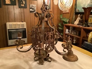 Antique SCROLL Iron GOTHIC 5 Light CHANDELIER Hanging repair - Picture 1 of 9