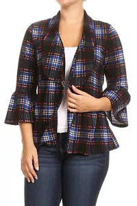 Plaid Waist Length Open Front Jacket w Bell Sleeve PLUS - Picture 1 of 5