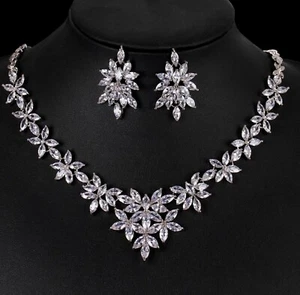 18k White Gold Plated Marquise Simulated Diamond Necklace Earrings Set Gorgeous - Picture 1 of 11
