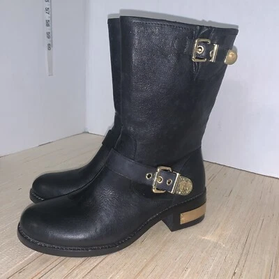Vince Camuto VC-Winchell Black Silk Goat Leather Gold Accent Boots Women's 7M - Image 1 of 4