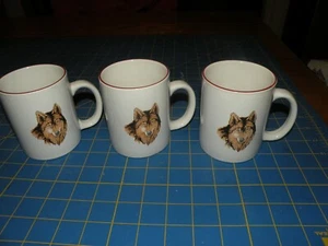 Set of 3 Wolf Tienshan Coffee Mugs Cups With Wolves Stoneware - Picture 1 of 3