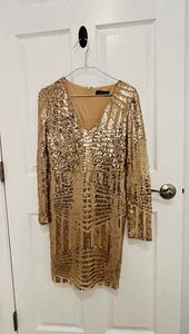 Women’s Med/5 Sequin Metallic Midi Beautiful New Year Holiday V Neck Dress New - Picture 1 of 7