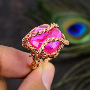 Pink Mystic Topaz Gemstone Handmade Copper Wire Wrap Jewelry Ring Size 9 z651