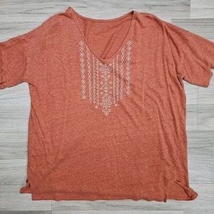 Garnet Hill Womens Shirt Orange Tribal Organic Linen V-neck Short Sleeve Medium - Picture 1 of 8