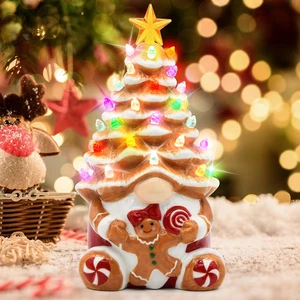 Gingerbread Gnomes Christmas Decorations 8.2" Lighted Ceramic Mini Tree Decor - Picture 1 of 7