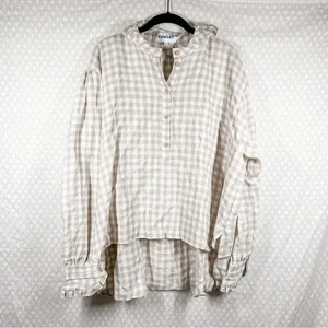Cawley Damen Top Gr. M hellbraun weiß Gingham Langarm Leinen Oversized Cottagecore - Bild 1 von 8