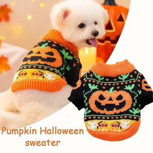 Turtleneck Dog Clothes Dog Knitwear Orange Pumpkin Pattern Pet Outfit Soft Warm- - Picture 1 of 16