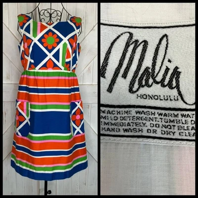 70's Vintage Malia Honolulu Blue Neon Green Orange Flower Power Hawaiian Dress - Image 1 of 4