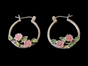 Vintage 925 Sterling Silber Emaille Blume 20 mm Creolen  - Bild 1 von 7