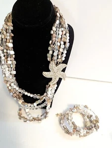 Multi Layers Sea Star Rhinestone Pendant Shell Bits Glass Statment Necklace - Picture 1 of 6