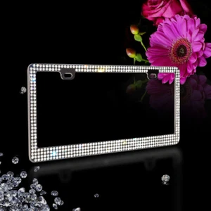 ***6 ROW White Real Crystal Embedded Black Metal License Plate Frame-WB*** - Picture 1 of 4