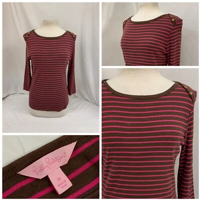 Camisa Blusa Lilly Pulitzer M Marrón Rosa Rayas Pima Modal Perú Como Nueva YGI P1-665 Foto 1 de 4