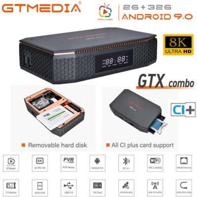 8K FTA DVB-S/S2/S2X/T2/C Combo Satellite Receiver Android Smart TV Box CI+ Slot - Image 1 of 4