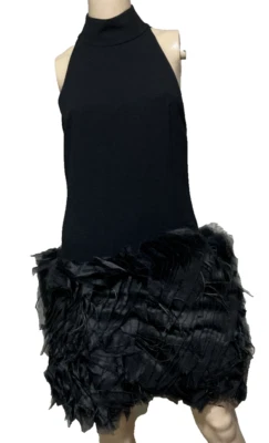 Monique Lhuillier Black Feather Accented Wool & Silk Cocktail Dress Size US 4 - Image 1 of 4
