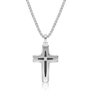 Brushed Finish Cross Pendant Black Resin Center .015 Diamonds - Picture 1 of 5