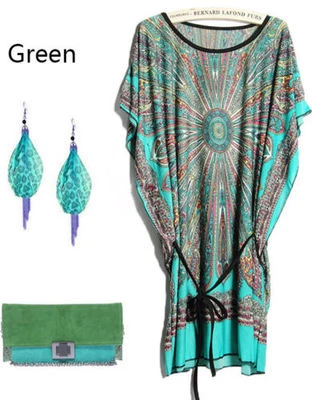 NEUF TUNIQUE PLAGE CAFTAN TURQUOISE IMPRIME ETHNIQUE BOHO AZTEC - Photo 1/2