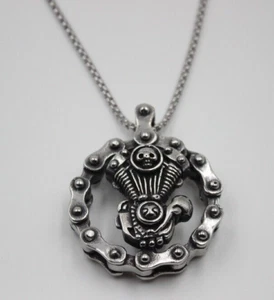 COLLANA CIONDOLO ACCIAIO MEDAGLIONE MOTORE MOTO CHOPPER TESCHIO CATENA CA102 - Picture 1 of 5