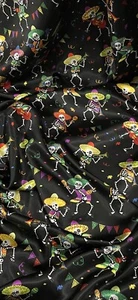Black Multicoloured Mexican Skeleton Print Satin Fabric 58''PRICE PER METER - Picture 1 of 2