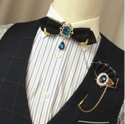 Men Groom Bridal Wedding Party Pre Tied Ribbon Rhinestone Bow Tie Brooch Sharp - Image 1 of 2