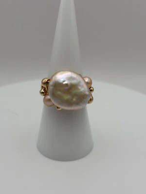 Anillo de perlas para monedas de agua dulce blancas en relleno de oro de 14 K talla 6 Foto 1 de 4