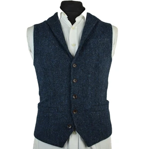 Harris Tweed Tailored Navy Herringbone Country Waistcoat 36R #20 PRISTINE - Picture 1 of 5