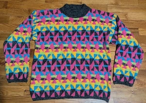 Vtg Kitty Hawk Geometric Sweater - Women's Medium? Mockneck Pullover Fuzzy Neon - Picture 1 of 20