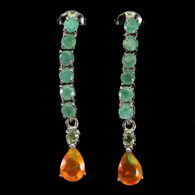 925 Sterling Silver Earrings Pear Orange Opal 7x5mm Emerald Gemstone Jewelry - Image 1 of 4