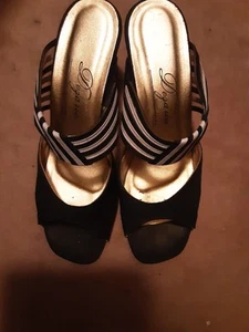 Desirio Medium Sommer Sandalen High Heel schwarz & weiß mit goldener Innenseite Größe 7 M - Bild 1 von 6