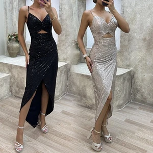 Sequined Elegant Maxi Dress for Women V Neck Split Party Banquet Dress - Picture 1 of 18
