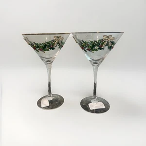 Christmas Rhinestones Coquette Bows Garland Jeweled Martini Glasses Set of 2 - Picture 1 of 3