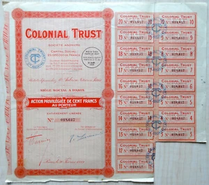 France, 1928, Colonial Trust - Vintage Bond Certificate & Coupons, 100 Francs - Picture 1 of 1