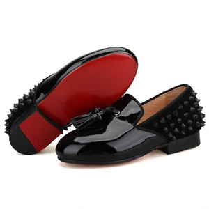FERUCCI Kids Black Studded Leather Spikes Loafer Wedding Gala Partys Tie Event - Picture 1 of 11