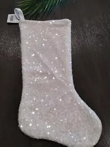 20" Christmas Stocking White Sequin Beads Iridescent - Picture 1 of 8