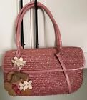 Cole Haan Shoulder Hand Bag Straw Flower Leather Detail Pink Mirror