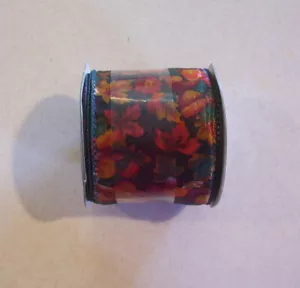 Walmart Green with Harvest Fall Leave Print Wired Edge 2 1/2"  Ribbon 3 Yards  - Picture 1 of 2