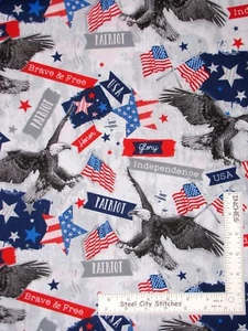 Patriotic USA Eagle Flag Star on Gray Cotton Fabric Windham Brave By The Yard - Picture 1 of 2