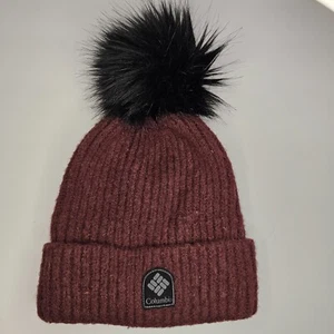 Columbia Purple Beanie Hat Black Fleece Lined OSFM Fluffy Pom Warm Logo Toboggan - Picture 1 of 5