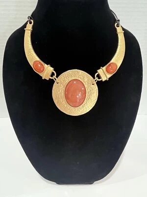 Hammered Gold Tone Statement Necklace w/Carnelian  Glass Stone & Leather Strap. - Image 1 of 4