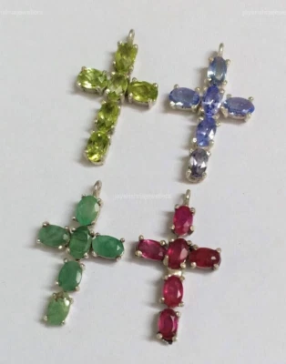 Mehrere Edelstein Kreuz Anhänger,925 Sterling Silber Handgemacht Geburtstag - Bild 1 von 4